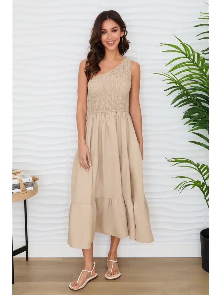 Shirred Tiered Maxi One Shoulder Dress