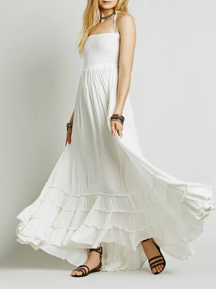 Halter Neck Tiered Openback Large Swing Flare Maxi Dress