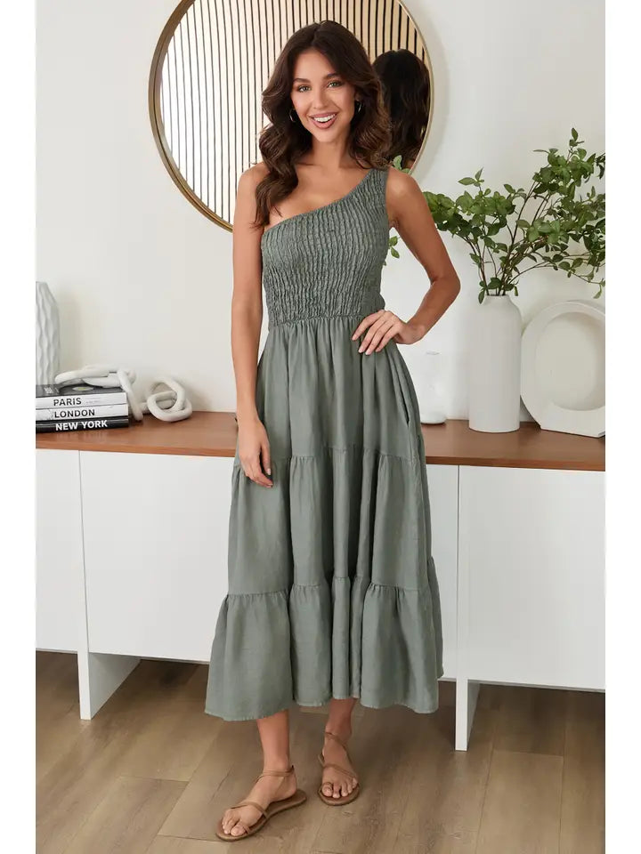 Shirred Tiered Maxi One Shoulder Dress