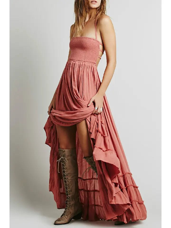 Halter Neck Tiered Openback Large Swing Flare Maxi Dress