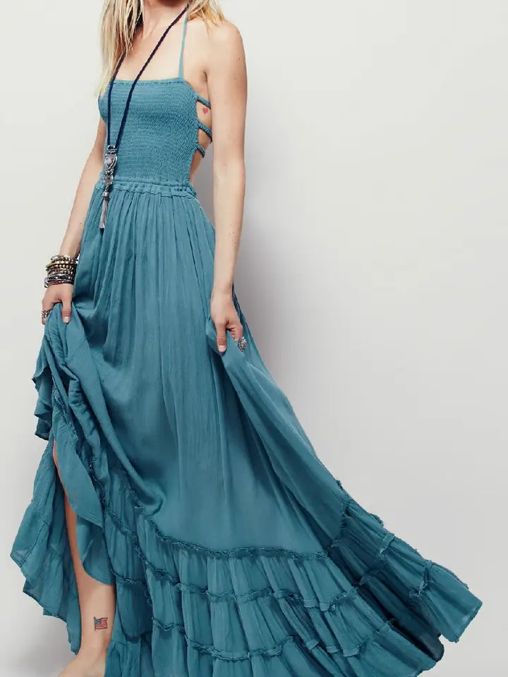 Halter Neck Tiered Openback Large Swing Flare Maxi Dress