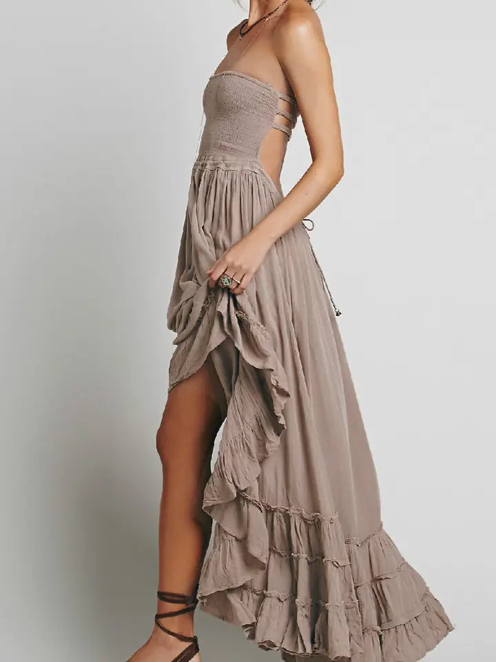 Halter Neck Tiered Openback Large Swing Flare Maxi Dress