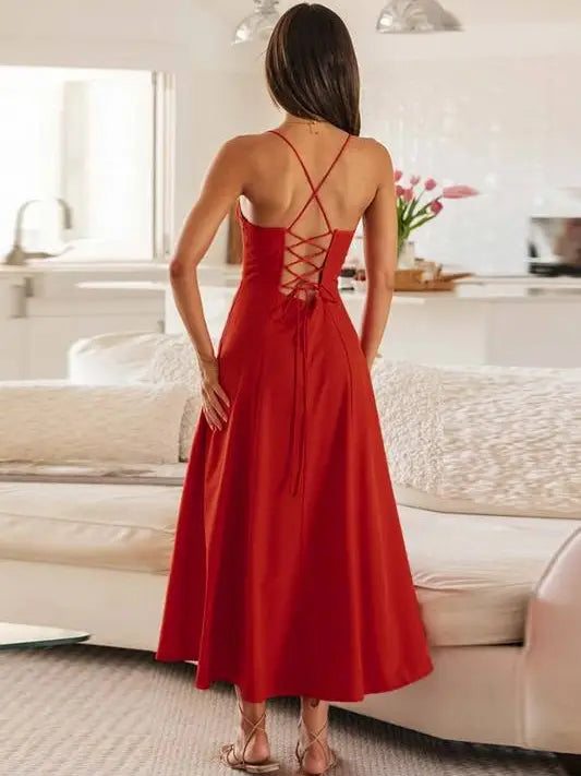Lace Up Back Strappy Corset Swing Backless Red Dress