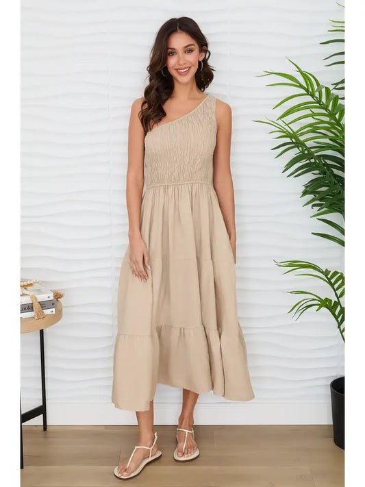 Shirred Tiered Maxi One Shoulder Dress