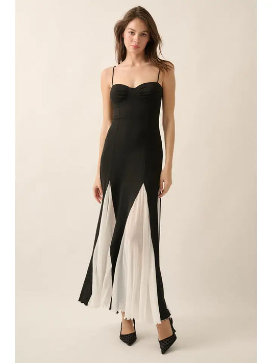 Ribbed Knit and Mesh Godet Sweetheart Maxi Dress