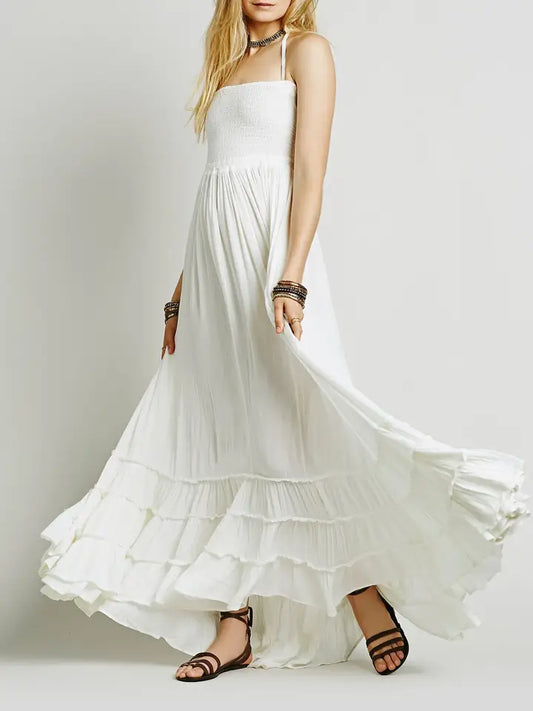 Halter Neck Tiered Openback Large Swing Flare Maxi Dress