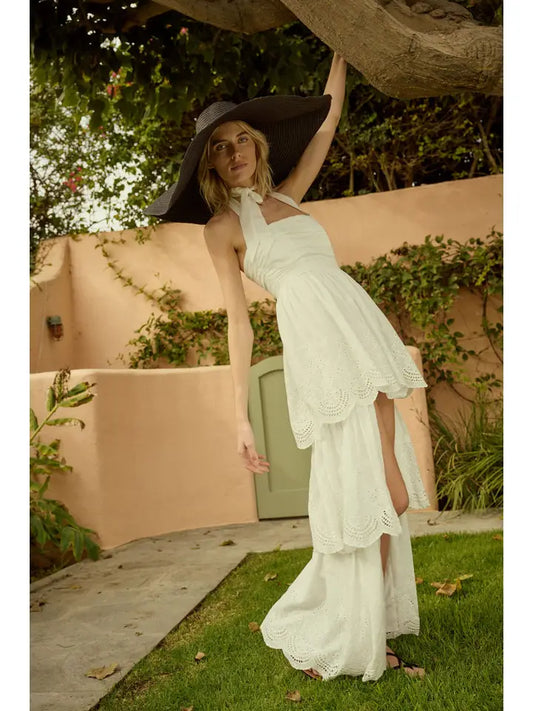 Eyelet Lace Halter High-Low Tiered Maxi Dress